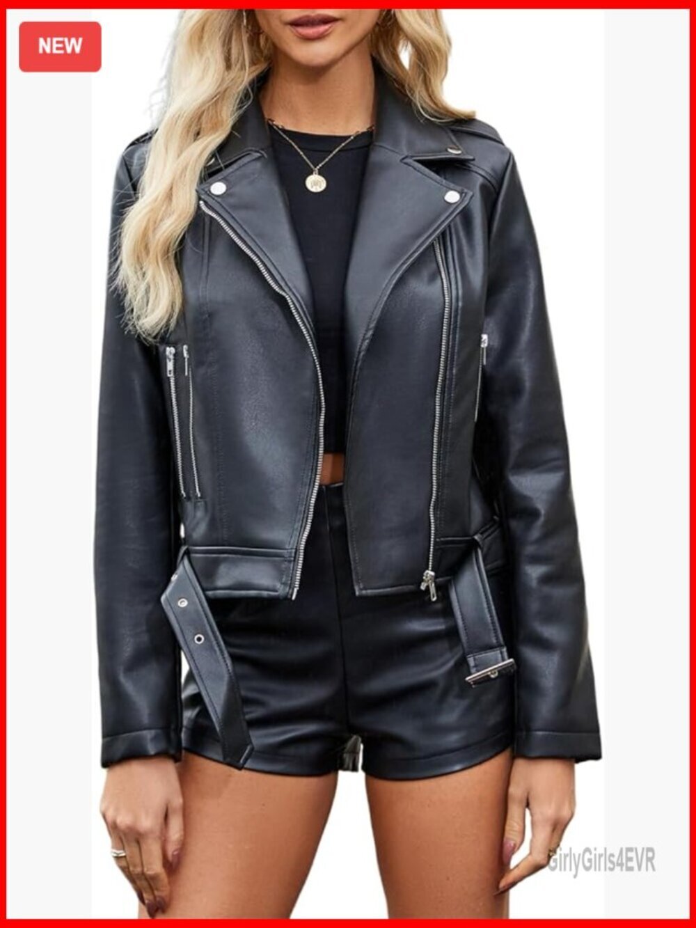 Oversized Faux Leather Motorcycle Jacket Long Sleeve Belted Zipper Classic Fit